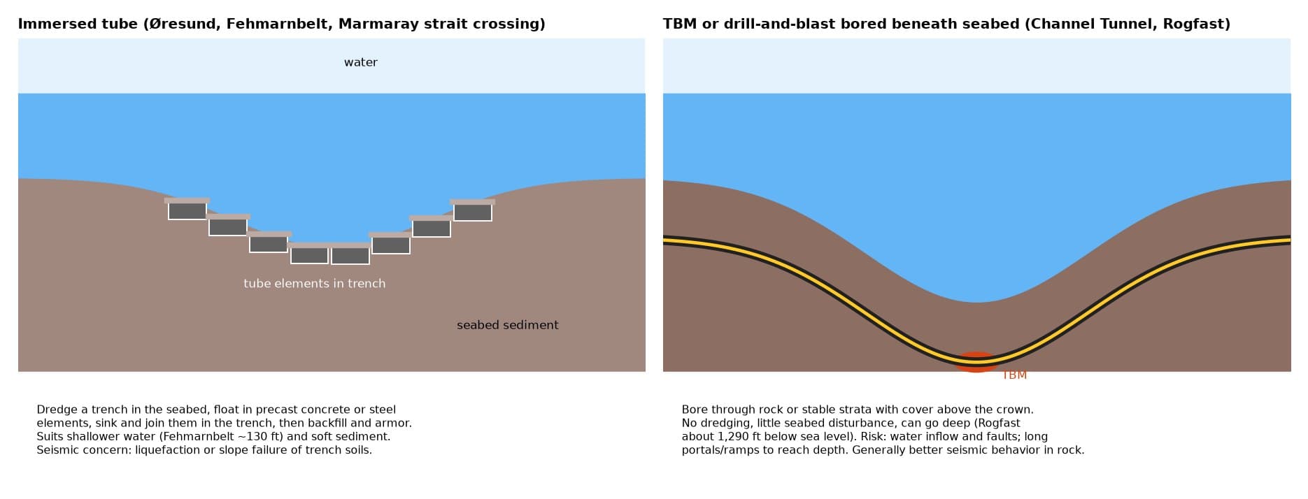 Side-by-side diagram of an immersed tube in a seabed trench and a bored tunnel deep under the seabed