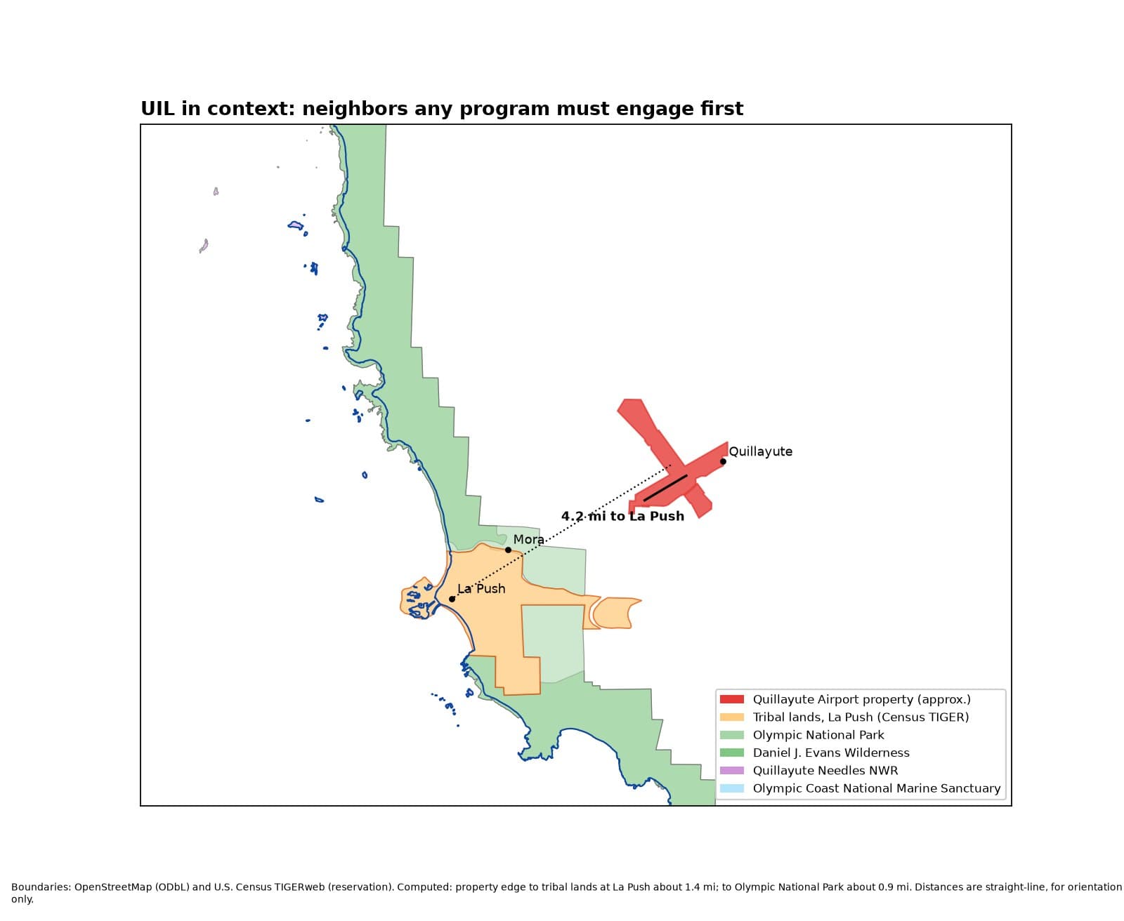 Map of Quillayute Airport with nearby tribal land and Olympic National Park