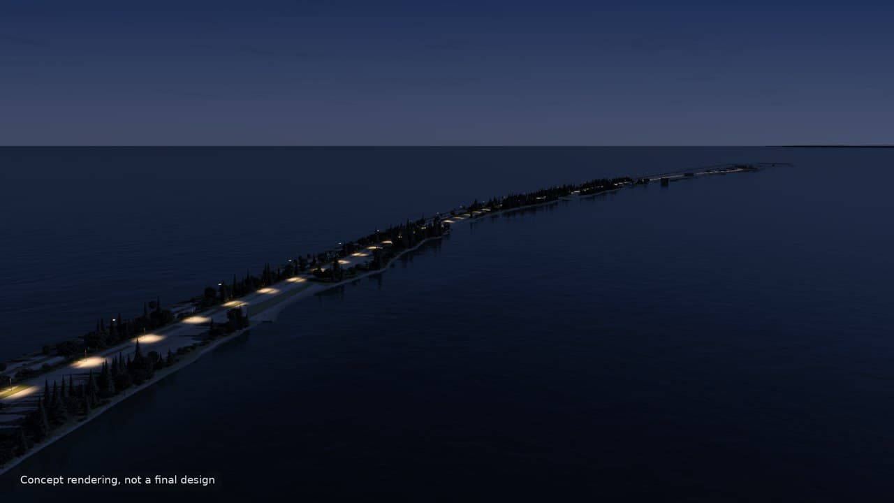 Concept rendering of Ediz Hook at blue hour, with native trees along the spit and warm pools of downward street light on the road.