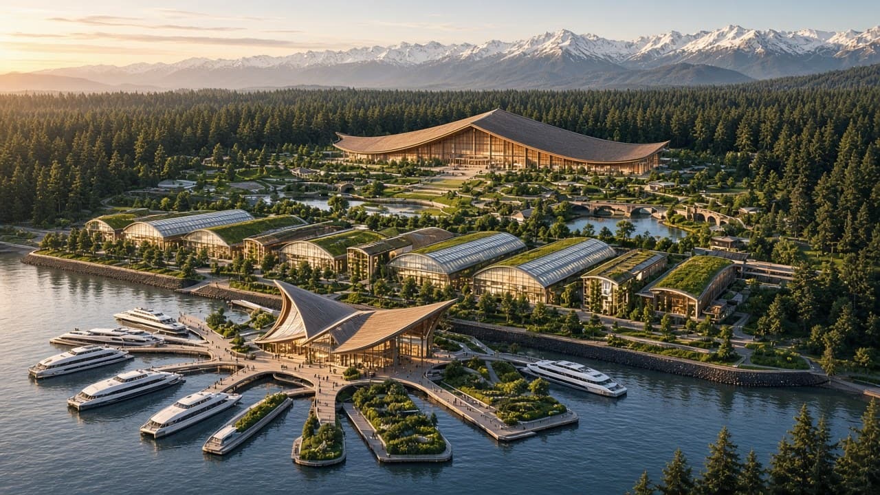 Concept rendering from over the harbor at golden hour: a modern marina with curved timber piers and planted floating islands in front, green-roofed glass factory halls and planted terraces behind it, and Sichuan Village beyond, a landscaped park with ponds and a large cedar-roofed culture center, set against conifer forest and the Olympic Mountains.