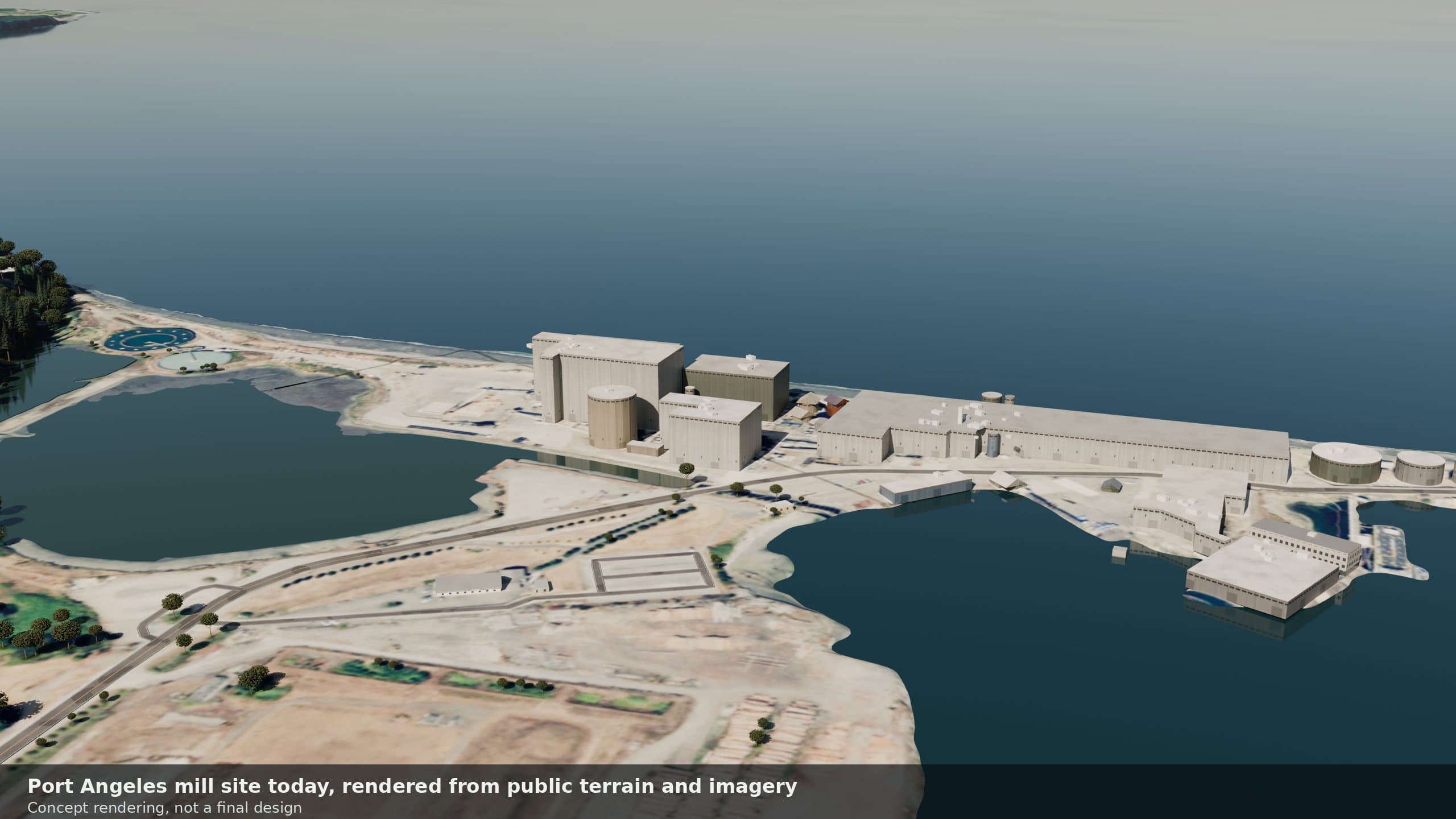Today. Wipe comparison from above the harbor: today large mill buildings and tanks; in the concept a glass-roofed factory hall and, to its right, a long cedar-roofed longhouse cultural center set in park and trees on the harbor edge.