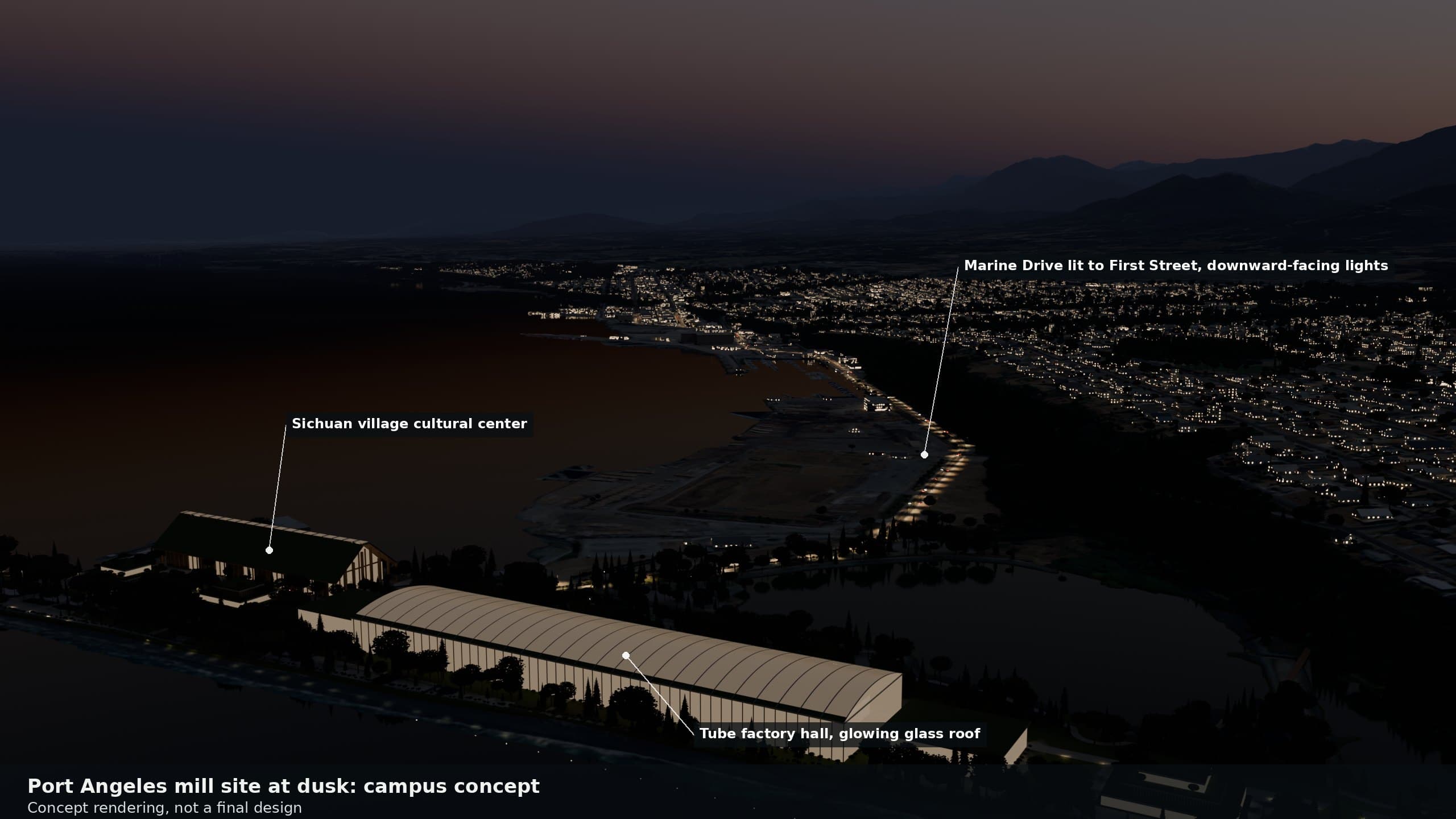 Dusk view from over the Strait looking east: the glass factory hall and the longhouse cultural center glow softly in the foreground, and a chain of warm street lights follows Marine Drive along the harbor to First Street and downtown, with the Olympic Mountains dark against an orange and violet sky.