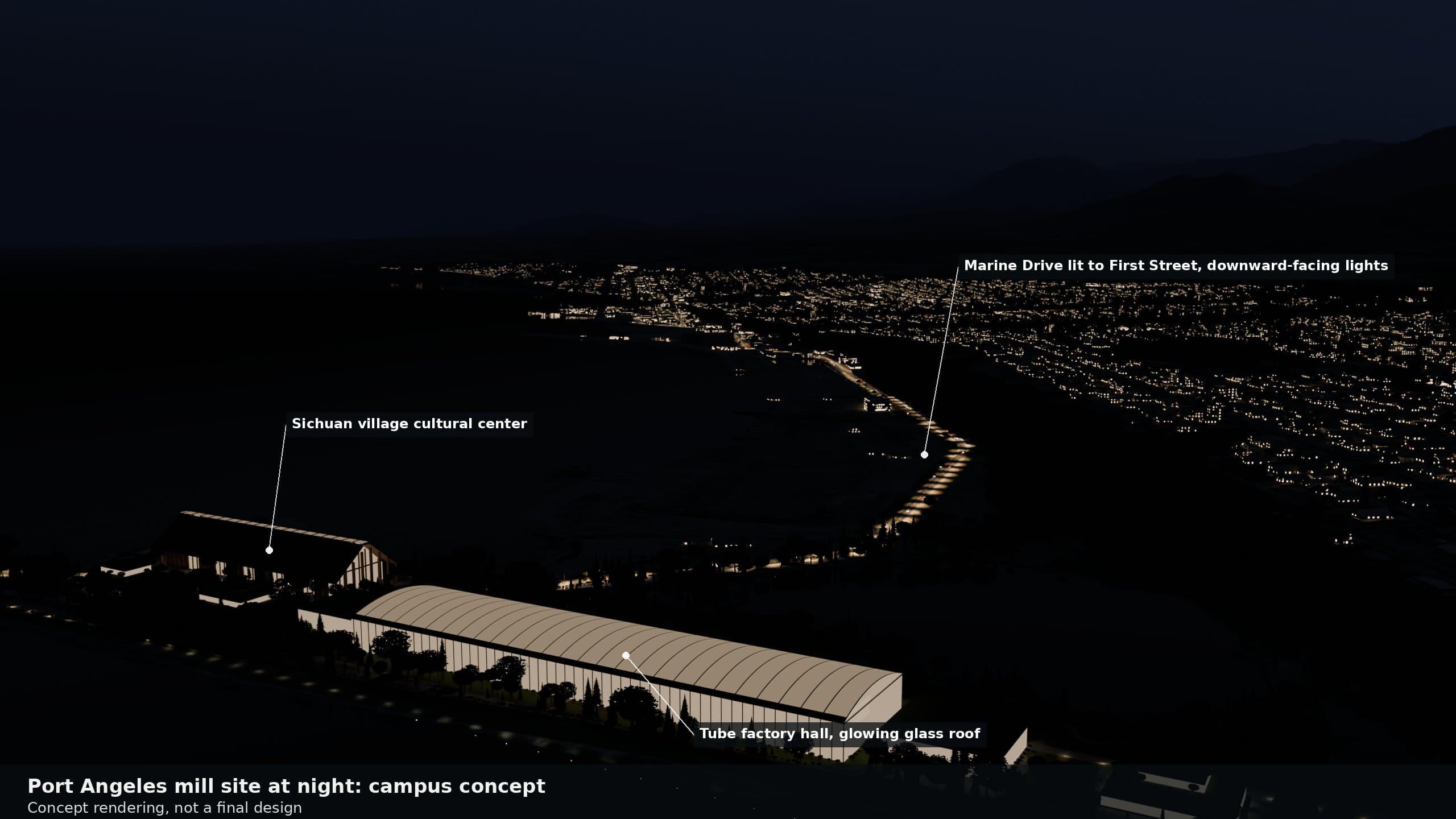 Night view from the same point: the campus halls glow, and the lit line of Marine Drive curves along the dark harbor toward the lights of downtown Port Angeles and the mountains beyond.