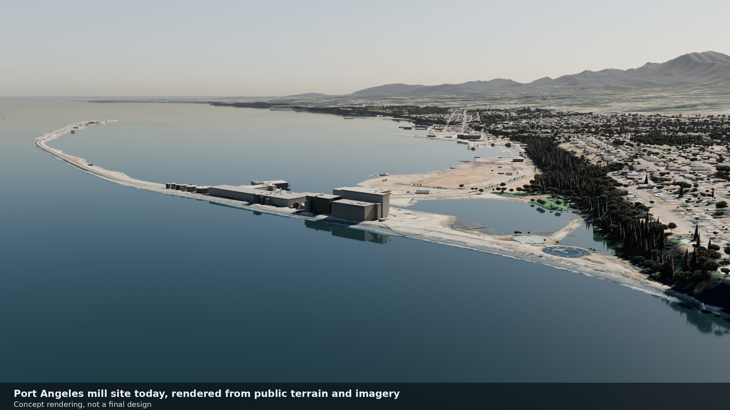 Today. Wipe comparison from over the Strait: today the mill site holds large industrial buildings on the shore; in the concept a long glass-roofed factory hall and a timber longhouse cultural center sit among trees, meadow and planted pond edges, behind a seawall with a planted crest.
