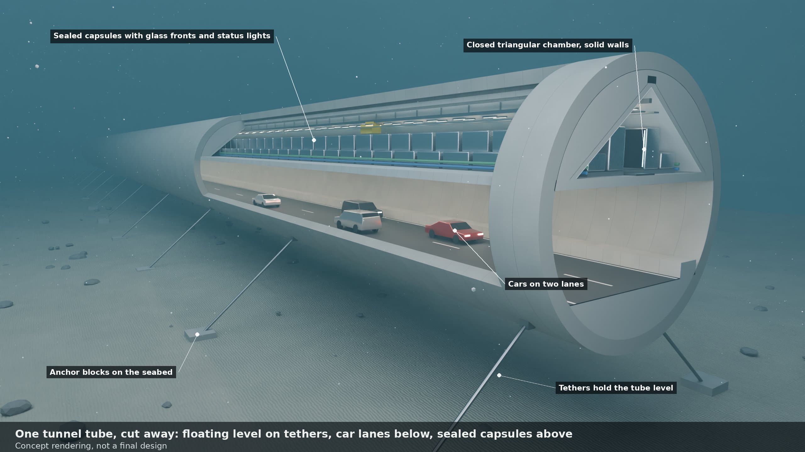 Cutaway of one concept tunnel tube with car lanes below and a sealed chamber of data pods above.