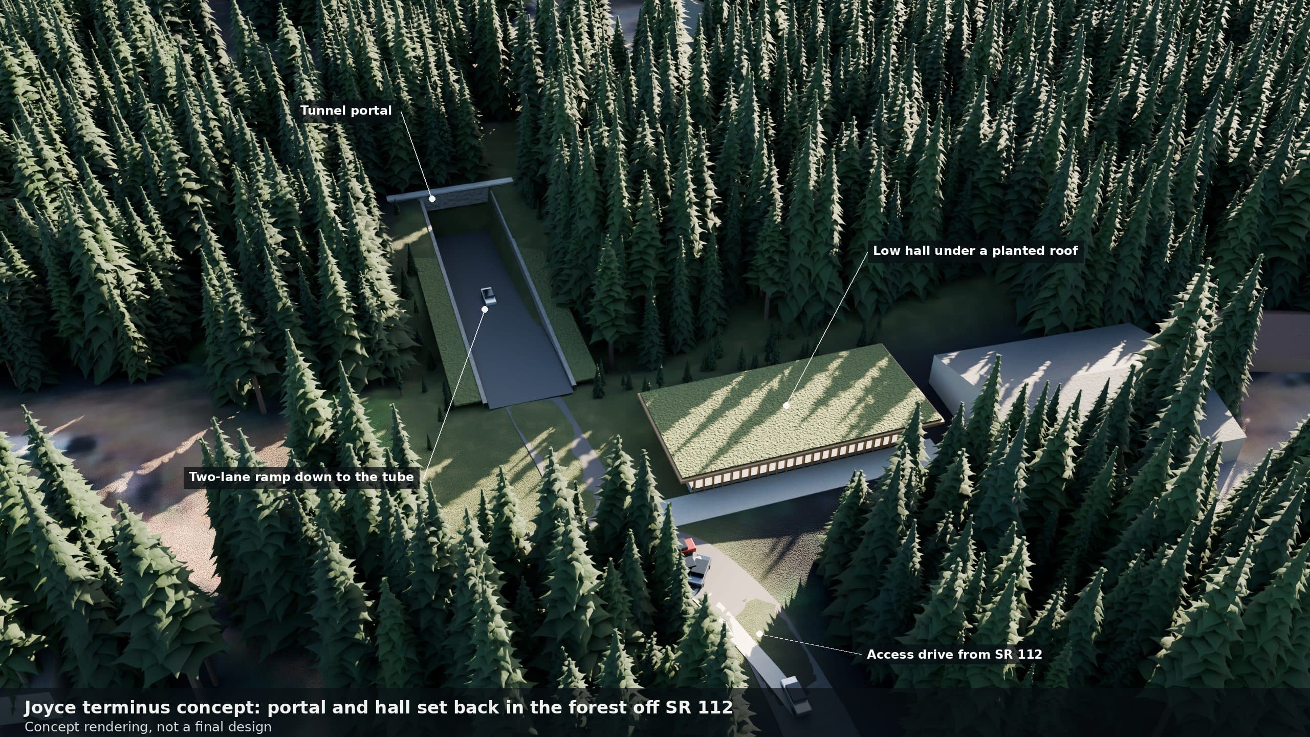 Drone view of a wooded lot in Joyce: a two-lane ramp descends between stone walls to a tunnel portal under the trees, beside a low cedar-and-glass hall with a planted roof and a drive from the highway.