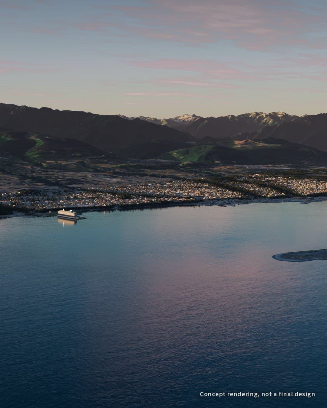 Port Angeles Harbor at dawn from over the Strait, with Ediz Hook, the town and the Olympic Mountains behind.
