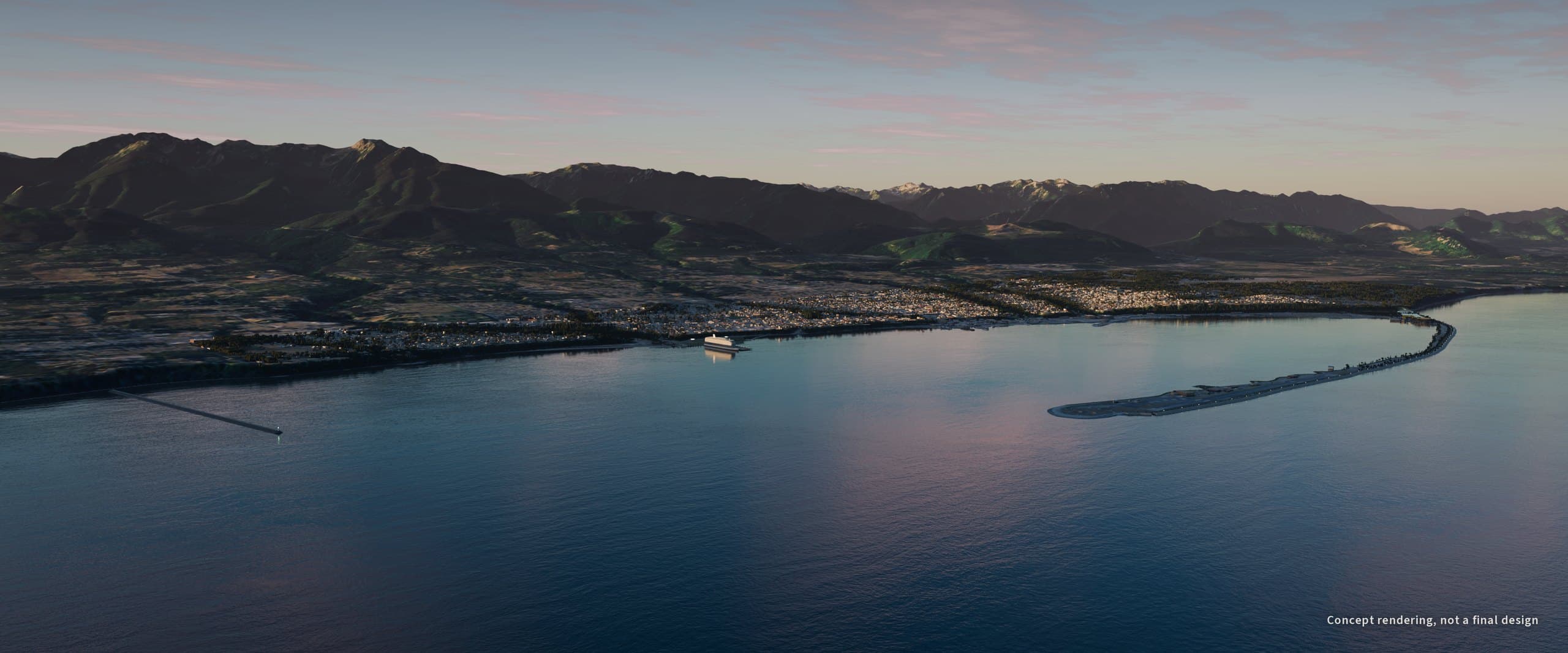 Port Angeles Harbor at dawn from over the Strait, with Ediz Hook, the town and the Olympic Mountains behind.