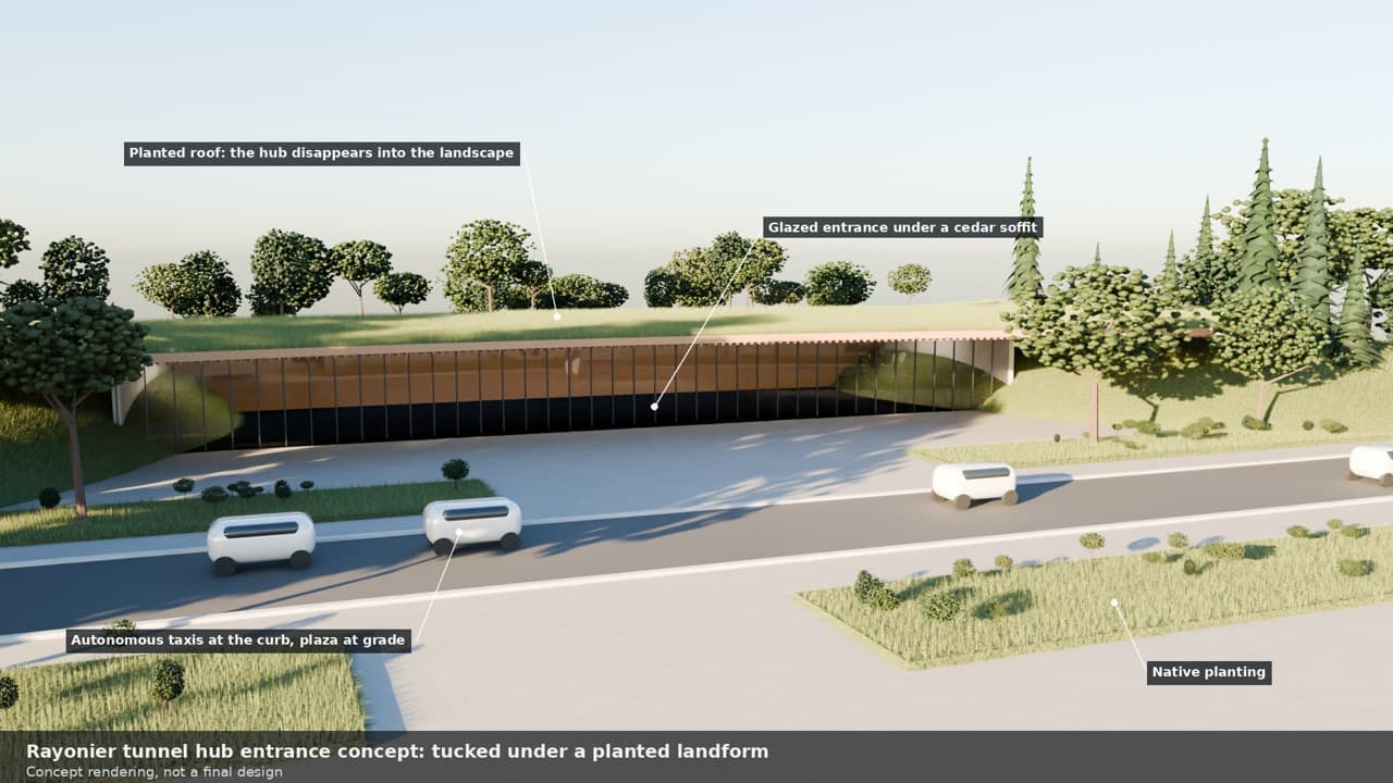 Concept rendering of the Rayonier tunnel hub entrance under a planted landform, with a glazed entrance under a cedar soffit and autonomous taxis at the curb.