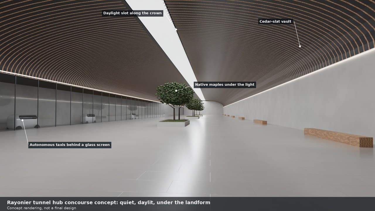 Concept rendering of the tunnel hub concourse: a cedar-slat vault with a daylight slot, benches, small maples and autonomous taxis behind a glass screen.