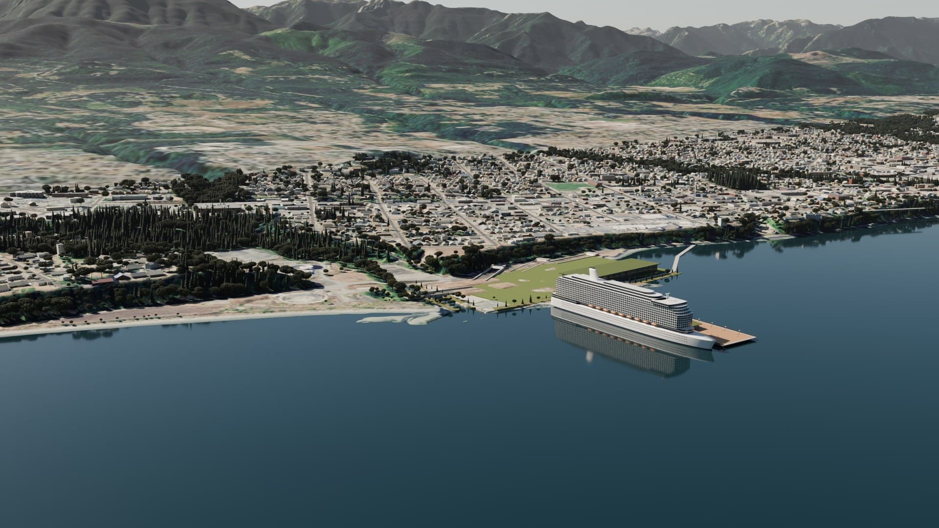 Concept rendering. The former Rayonier mill site on the Port Angeles waterfront, seen from over the harbor.