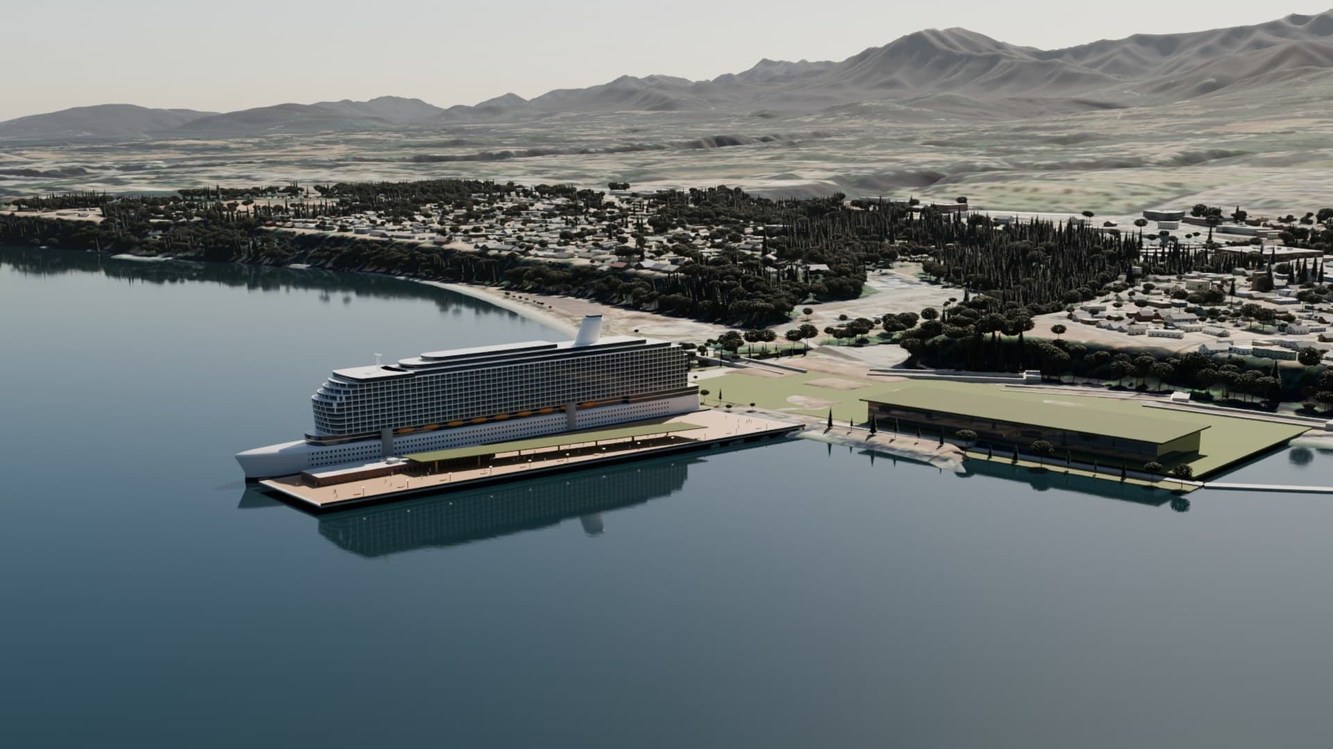 Concept rendering. The Rayonier dock and shoreline from the water.