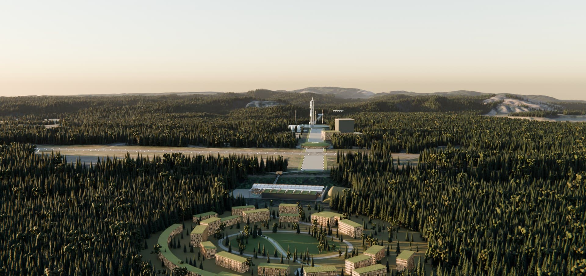 Concept rendering. Quillayute Airport from the southeast at golden hour, with the forest around it.