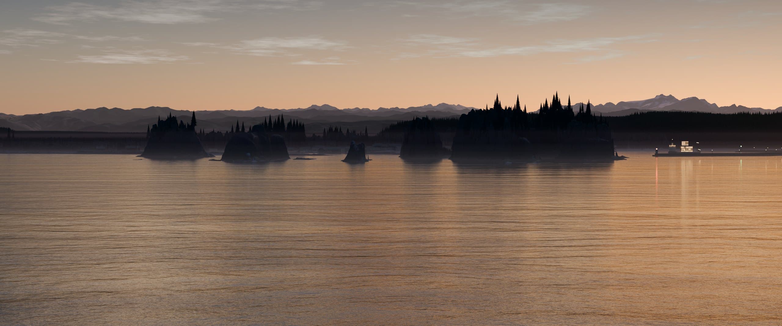 Dawn over the Pacific at La Push, looking east past James Island toward Mount Olympus, with a small concept harbor and hub lit in the bay.